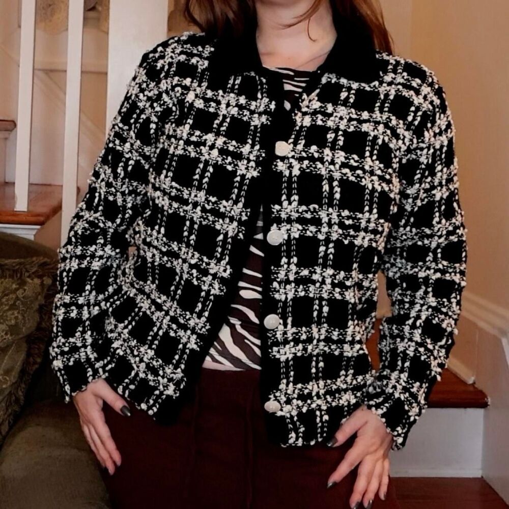 Dressbarn Black White Checkered Collar Cardigan Sz Large Preppy Tweed Twee Knit